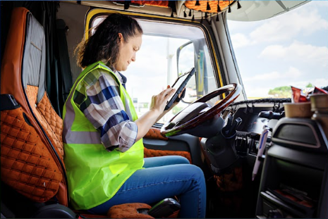 A Green Genie driver using the Maui app in the cab of a truck